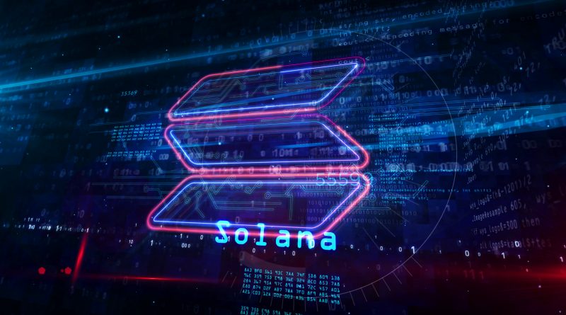 Solana neon sign concept, SOL cryptocurrency token, blockchain currency, fintech and business technology. Glowing text. Futuristic 3d rendering illustration.
